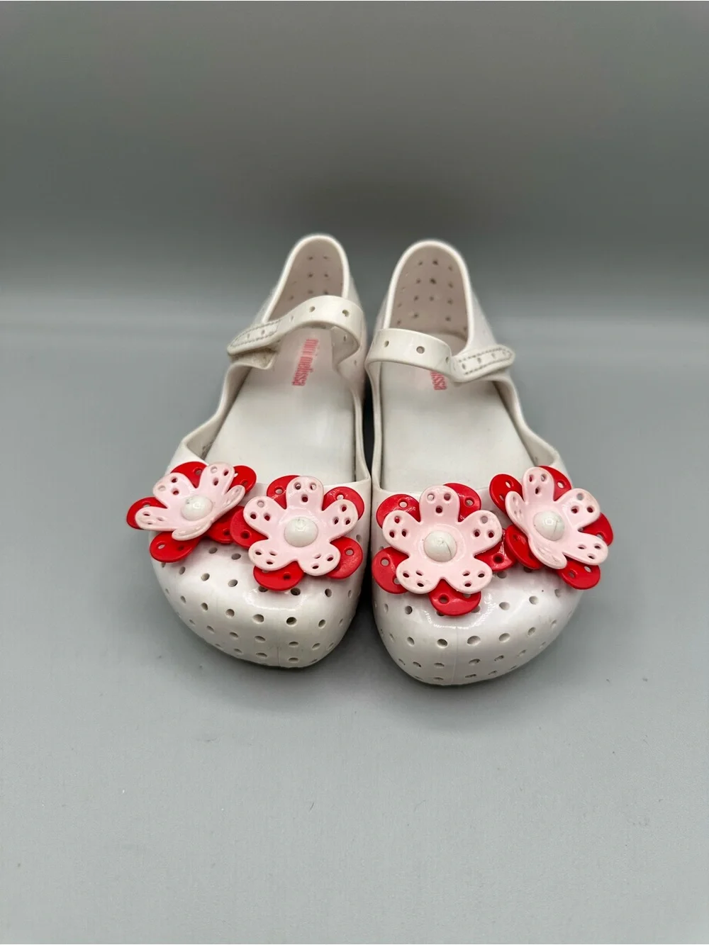Mini Melissa Furadinha XII Mary Jane Jelly Flats Girls 10 White Floral